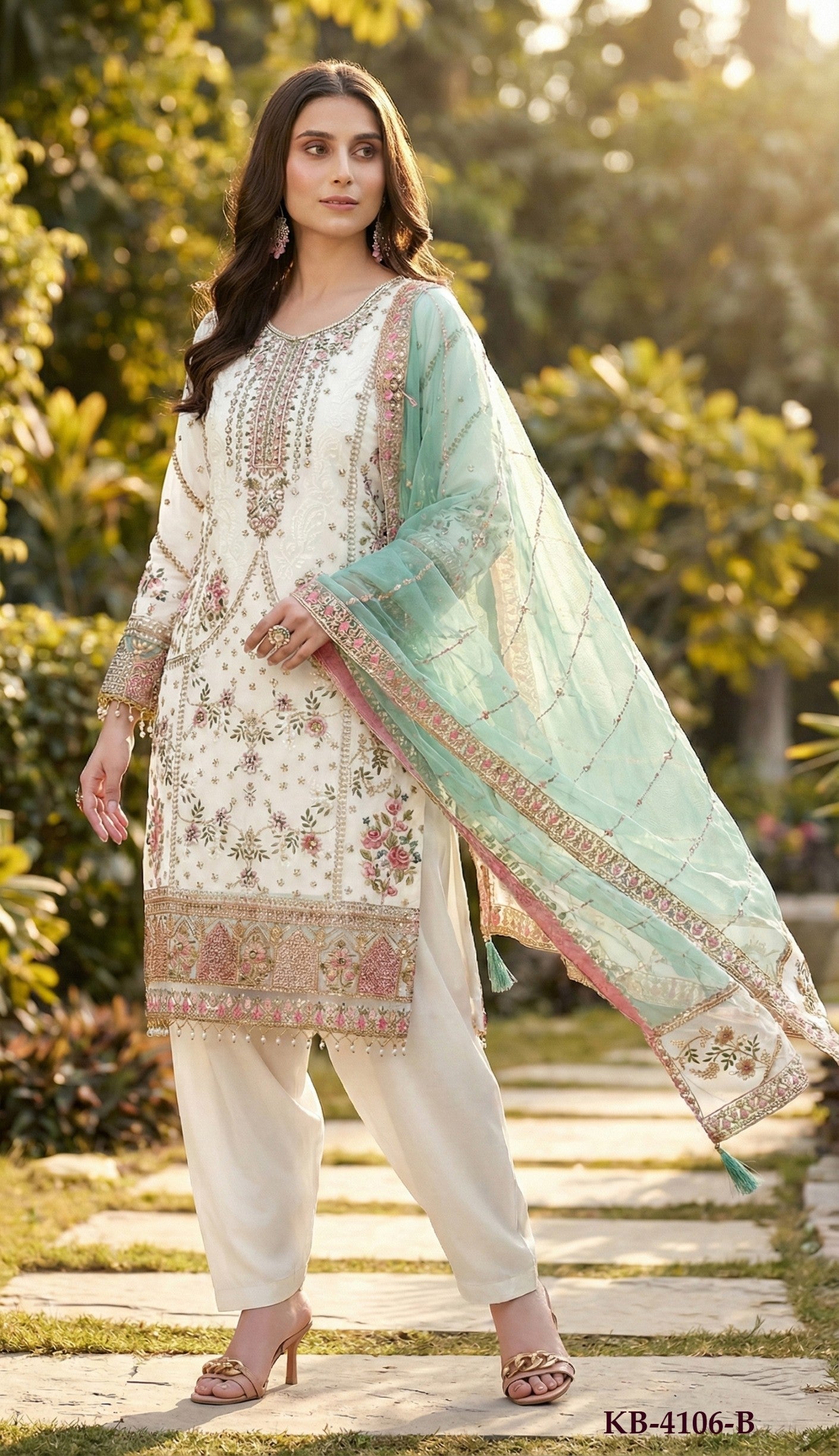 Anaita White Fox Georgette Suit with Embroidery & Khatli Work