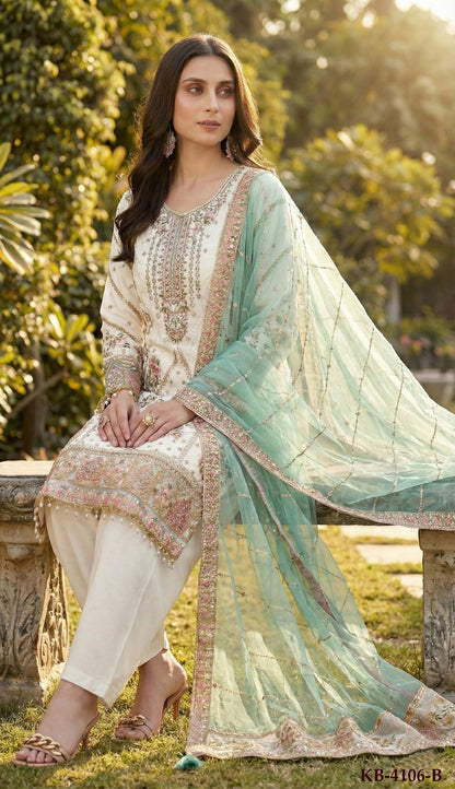 Anaita White Fox Georgette Suit with Embroidery & Khatli Work