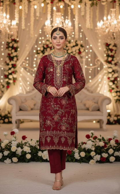 Anaita Maroon Chiffon Suit with Embroidery & Sequence Work