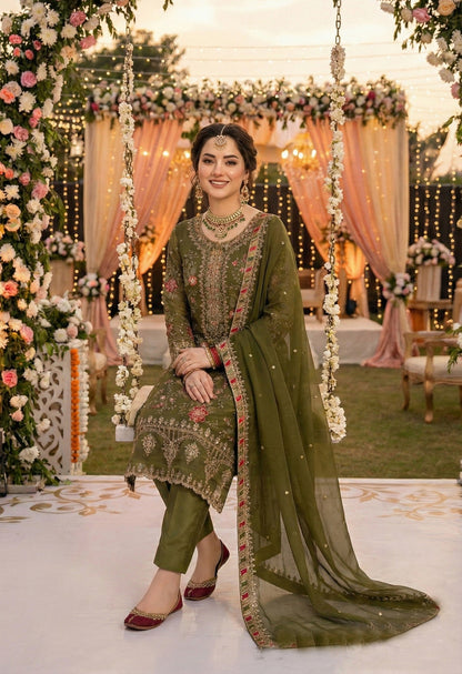 Anaita Mehendi Chiffon Suit with Embroidery & Sequence Work