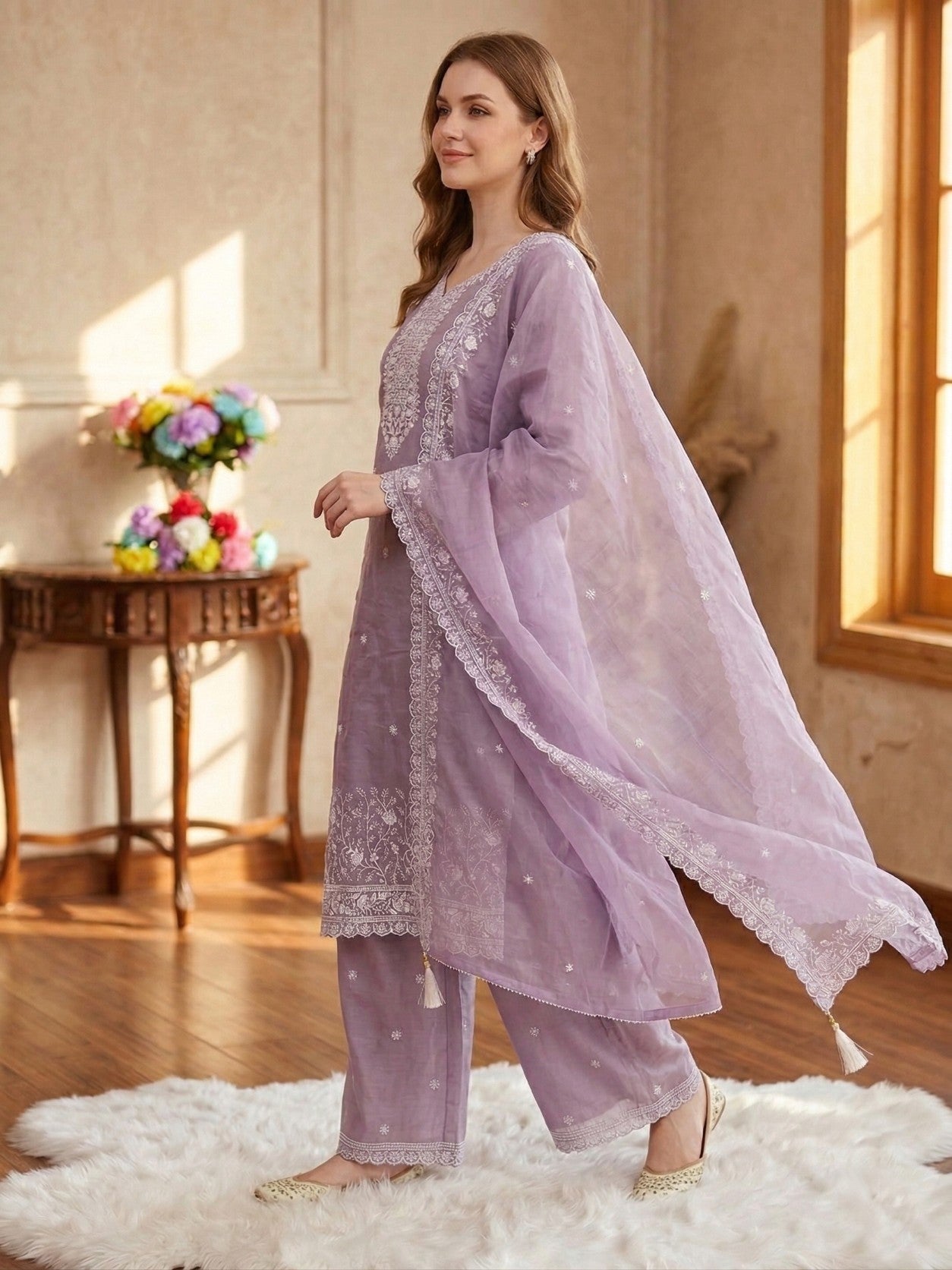 Anaita Lavender Silk Suit With Embroidery & Sequence Work