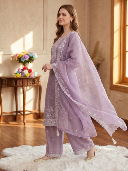 Anaita Lavender Silk Suit With Embroidery & Sequence Work