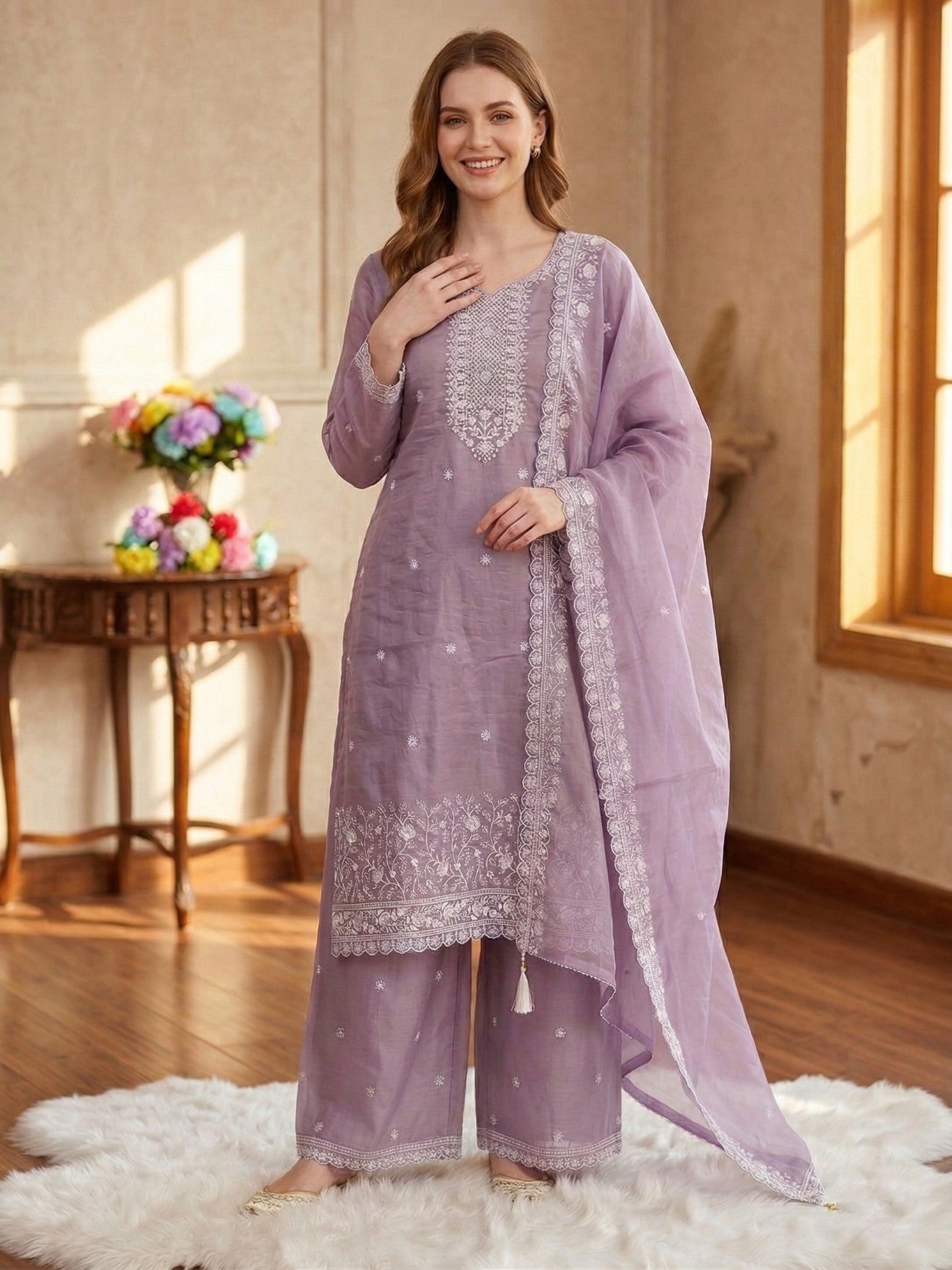 Anaita Lavender Silk Suit With Embroidery & Sequence Work