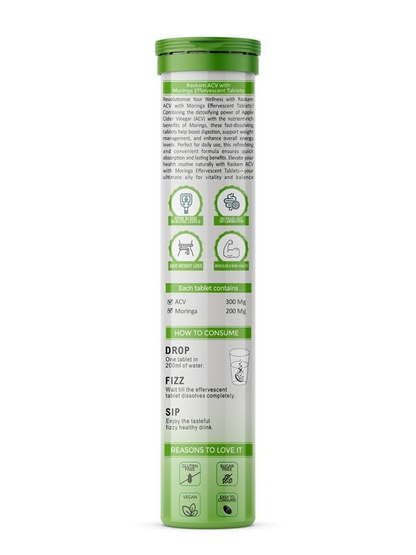Raskam ACV Moringa Effervescent Tablets Fizz 15 Tablets in Green Apple Flavor