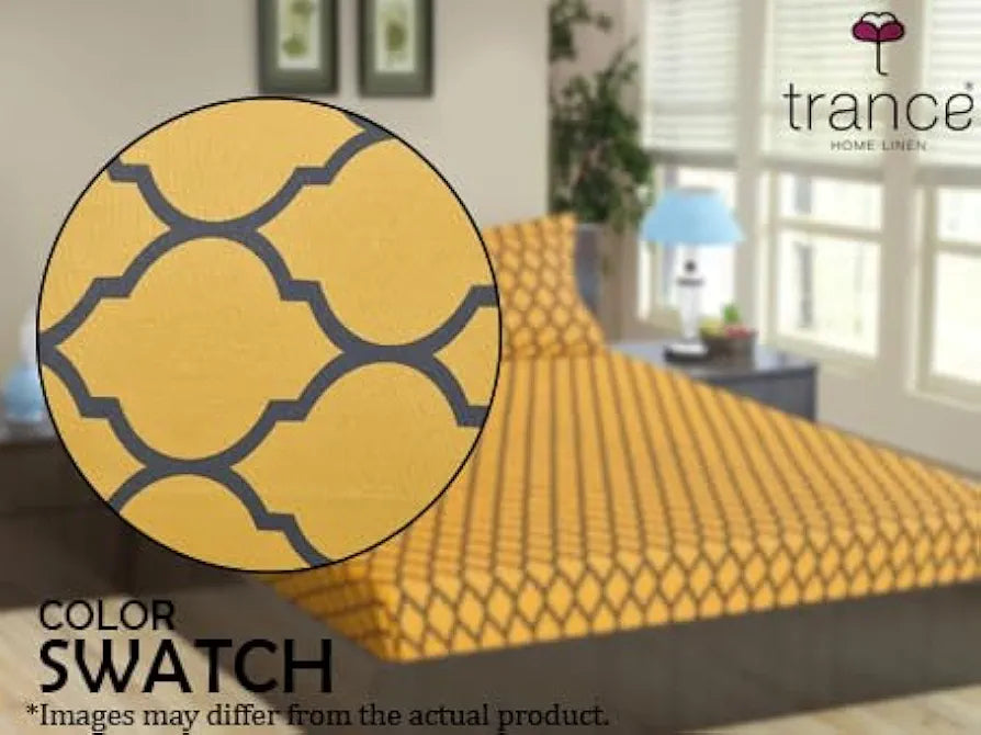 Trance Home Linen 200TC 100% Cotton Queen Size Elastic Fitted Bedsheet Bedsheet for Queen Size Bed Printed with 2 Pillow Covers Colour Dori Warm Grey Mustard