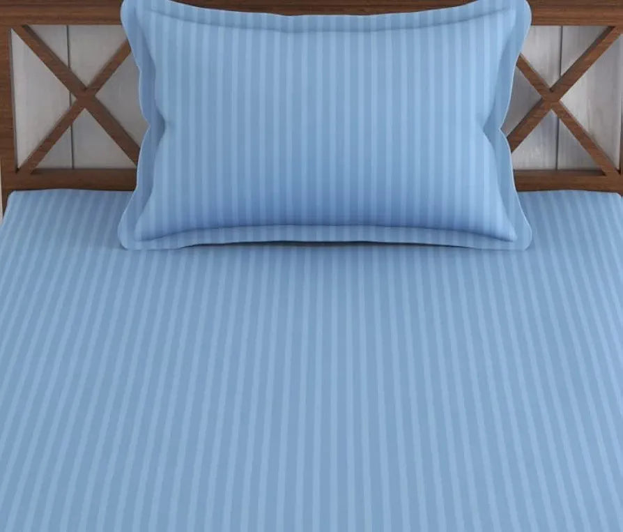 Trance Home Linen 100% Cotton 78x36 inch Single Fitted 200TC Satin Stripe Elastic Fitted Bedsheet with 1 Pillow Covers Colour Sky Blue