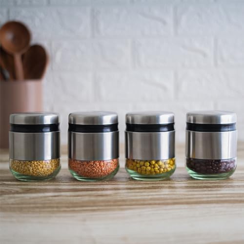 Femora Kitchen Storage Jars Steel Body With See Through Bottom Jar | 350 Ml | Pack of 4