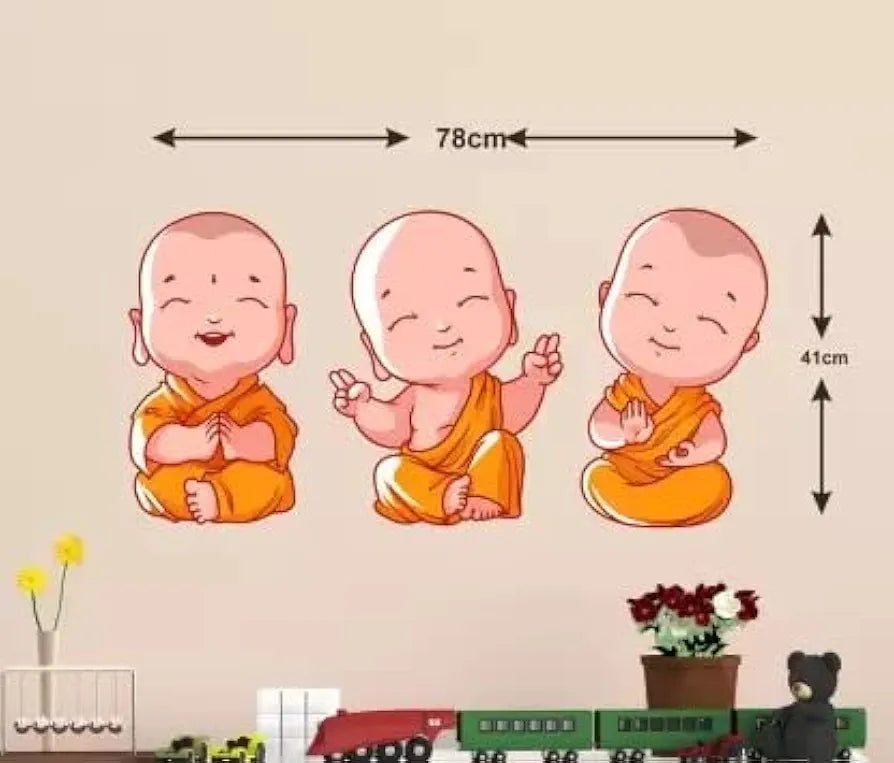 Rangoli Vinyl New Modern Art & Trendy Buddha Design Three Baby Monk Self Adhesive Wall Sticker