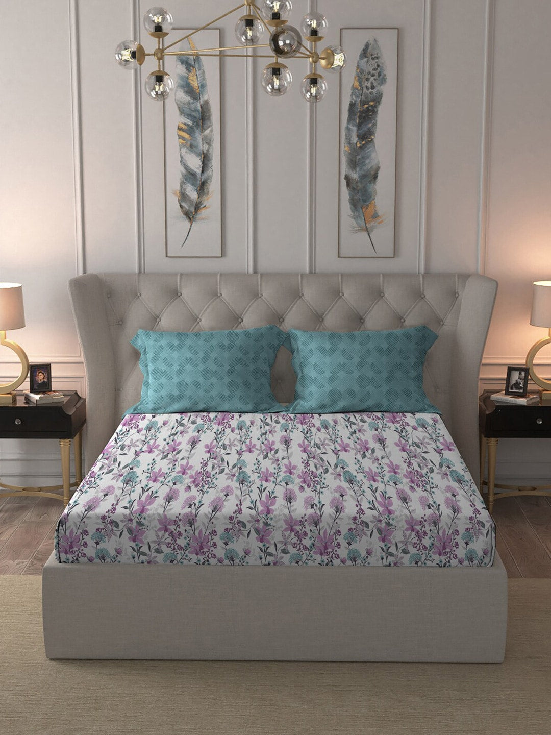 MYTRIDENT Violet White Floral Cotton 144 TC Queen Bedsheet With 2 Pillow Covers