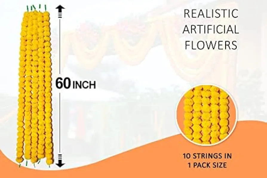 Artificial Marigold Flowers for Decoration Garland with Bell 5 Feet Long yelow - 100pcs(10pkt)