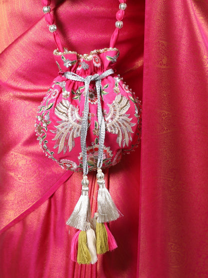 Masq Magenta & White Embroidered Potli Clutch
