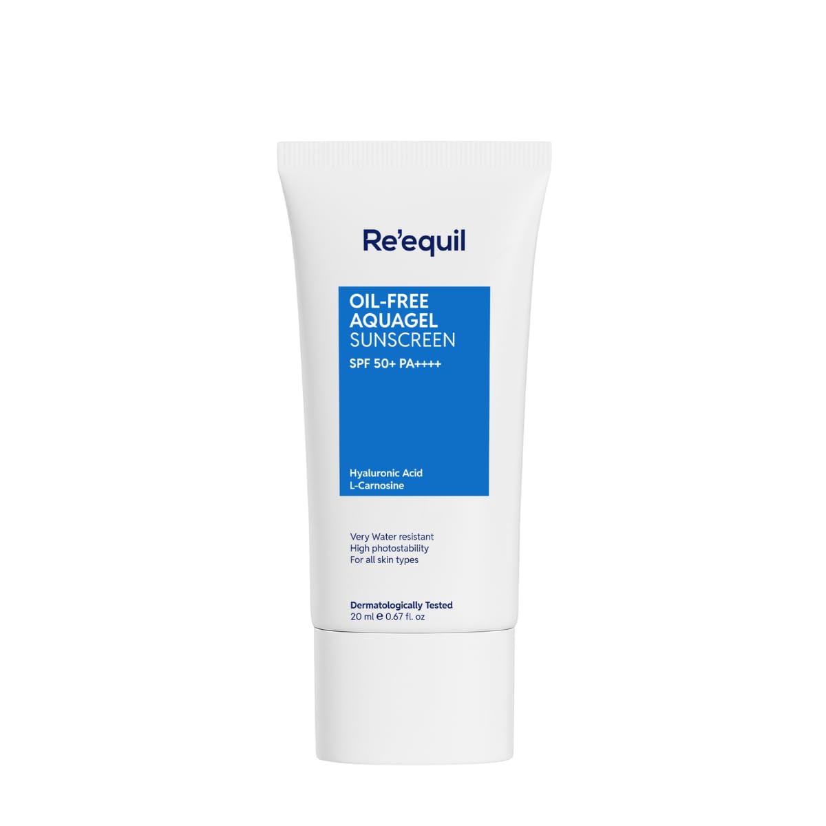 Re'equil Oil Free Aquagel Sunscreen 20ml l SPF 50+, PA++++ l Very water resistant l Hyaluronic acid for hydration