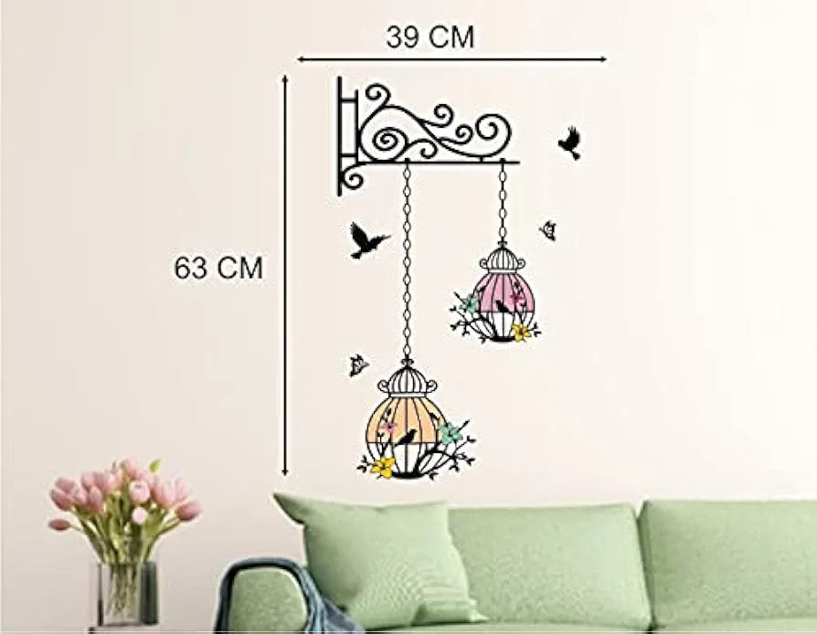 Heaven Decors Hanging Flower Birdcage with Birds Wall Sticker for Living Room Bedroom Multicolour