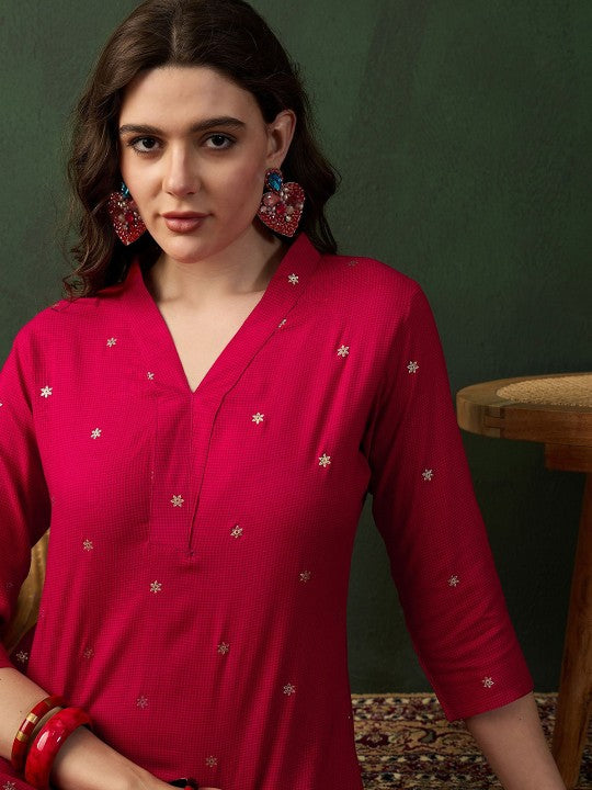 Sangria Pink Floral Printed V-Neck Straight Kurta With Trousers