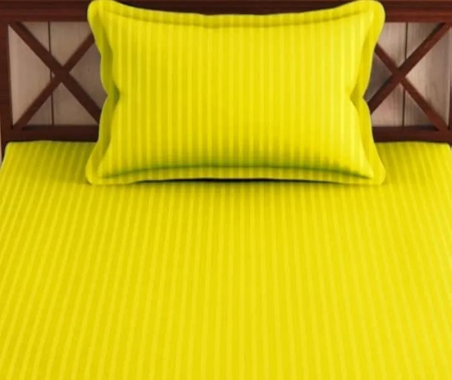 Trance Home Linen 100% Cotton 78x36 inch Single Fitted 200TC Satin Stripe Elastic Fitted Bedsheet with 1 Pillow Covers Colour Canary Yellow