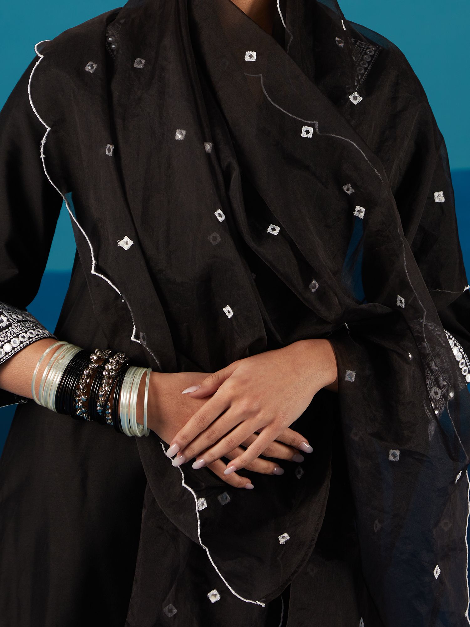 Likha Black Monochrome Mirror Work Kurta Set & Organza Dupatta LIKSKD198 (Set of 3)