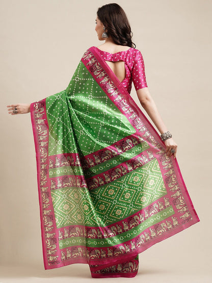 Saree Mall Green & Fuchsia Bandhani Silk Blend Bandhani Sarees