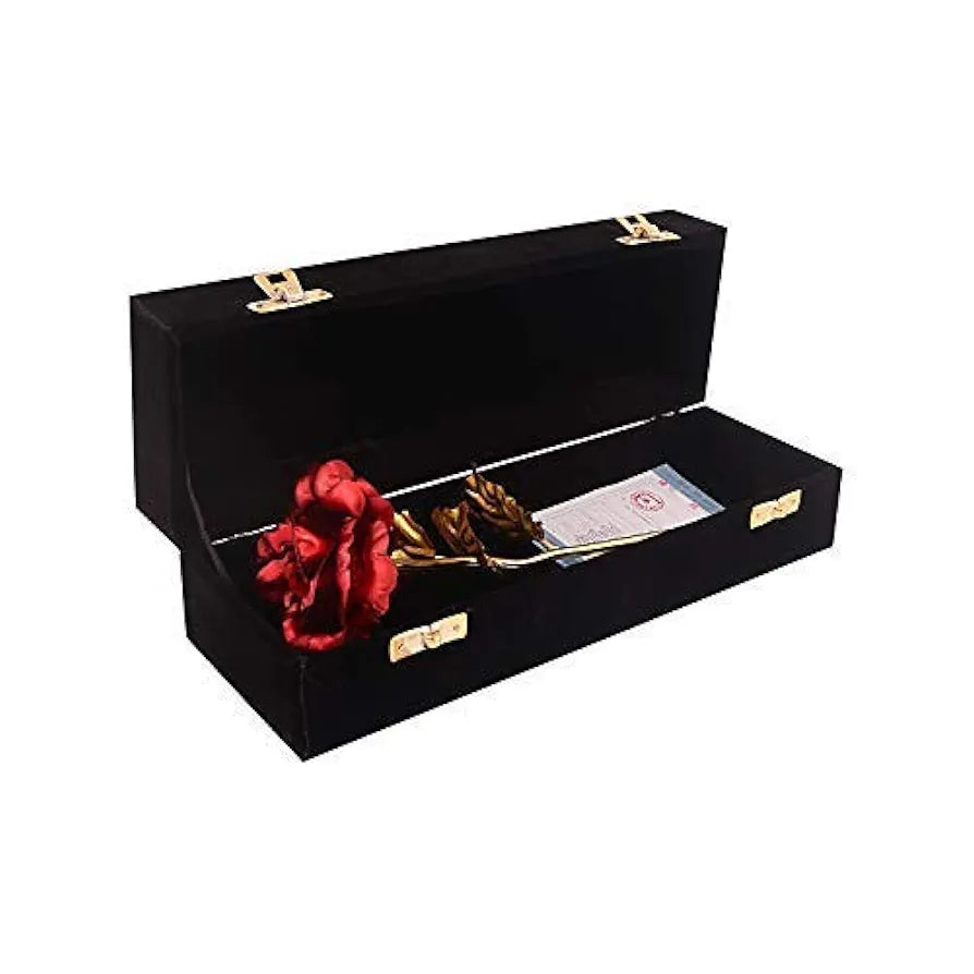 Red Rose Gold Artificial Flower in Black Velvet Box Eternal Love Keepsake