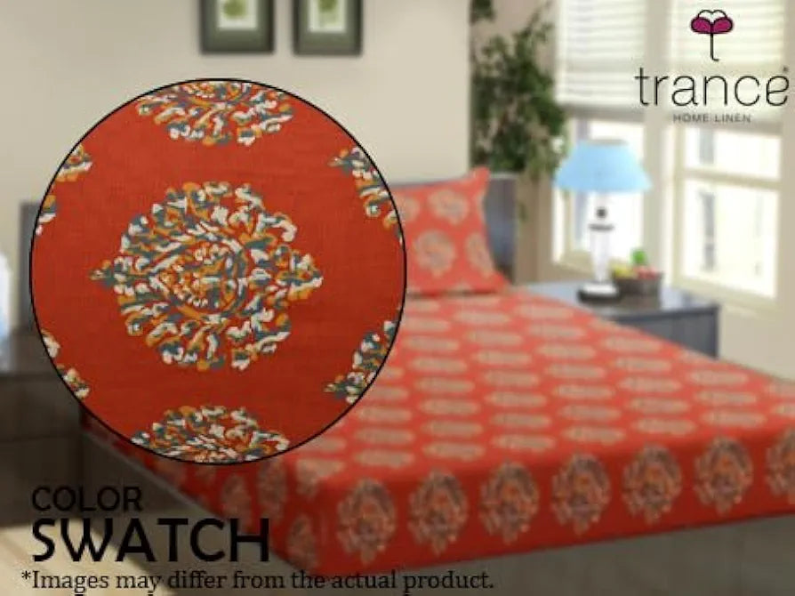Trance Home Linen 200TC 100% Cotton 78"x36" Single Size Elastic Fitted Bedsheet Printed Bedspread with 1 Pillow Cover Colour Damask Clay Red