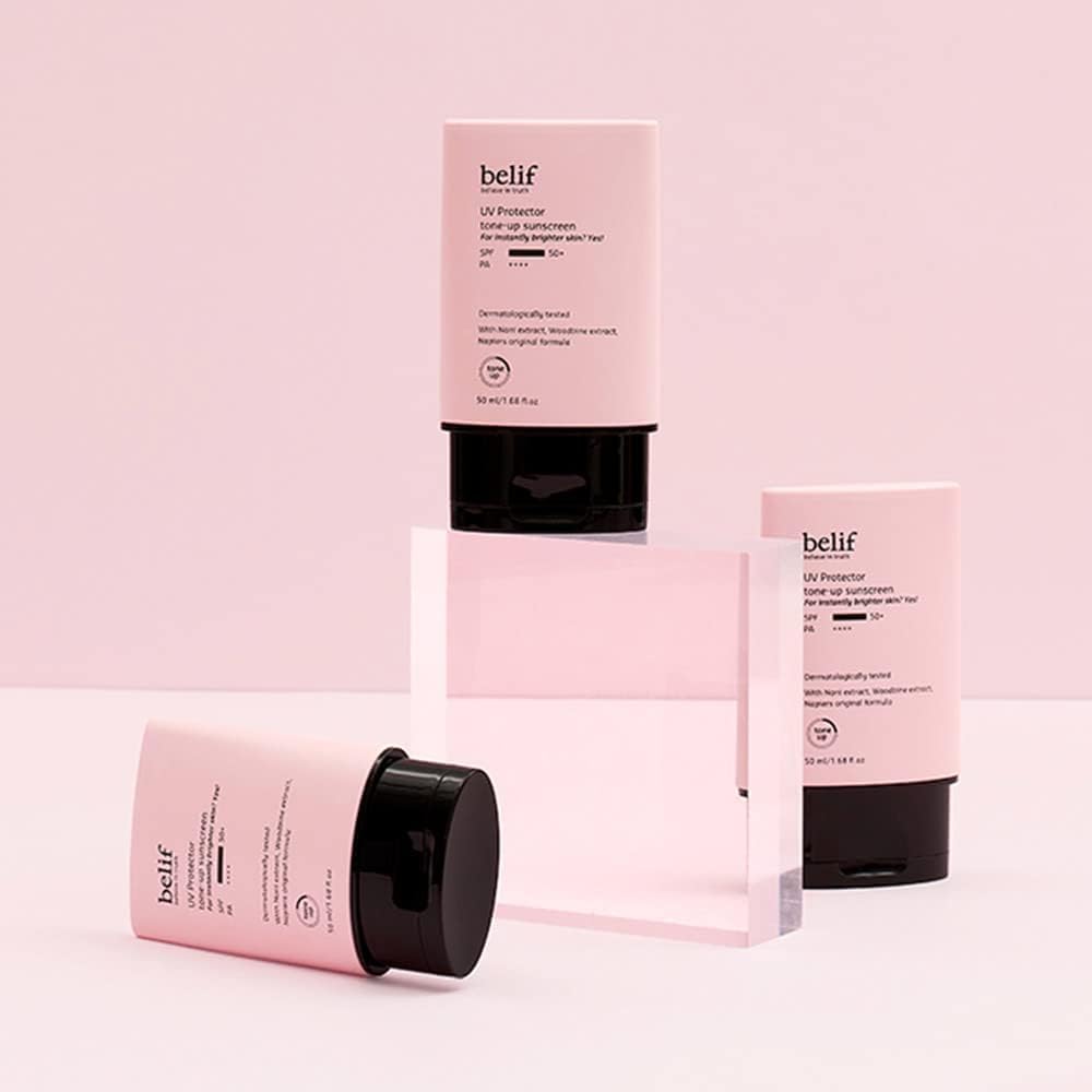 Belif UV Protector Tone Up Sunscreen, 2-in-1 Tone Up Sunscreen SPF 50+ PA++++ â€“ Broad Spectrum UV Protection with Instant Glow | Hydrating, Water-Resistant, Pink-Toned Primer for All Skin Types | 50ml