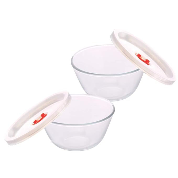 Borosil Glass Mixing & Serving Bowls With Lids | Oven & Microwave Safe Bowl | Set of 2 | 900 ml Each