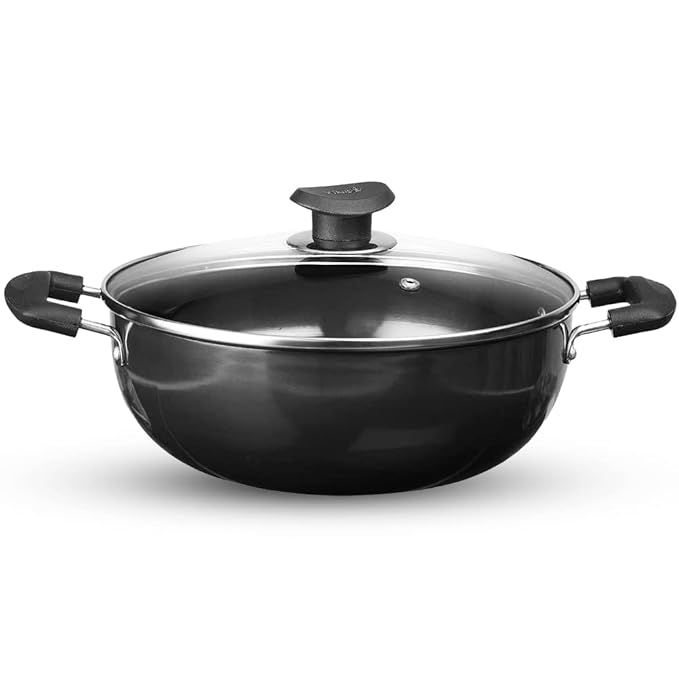 Vinod Black Pearl Plus Hard Anodised Deep Kadhai with Lid - 4.1 Litre, 26 cm | 3.25mm Thick | Natural Stick Free Kadai