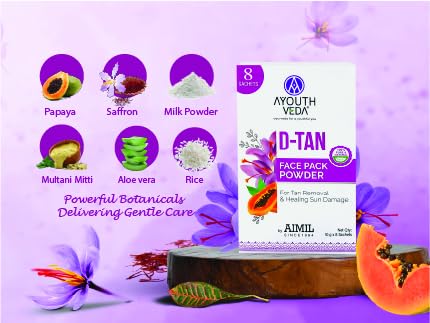 Ayouthveda D-TAN Face Pack Powder for Tan Removal, Prevents Sun Damage & Boosts Skin Health | with Goodness of Papaya, Aloevera & Saffron|For Glowing & Hydrated Skin (10gX8Sachets)(Pack of 1)