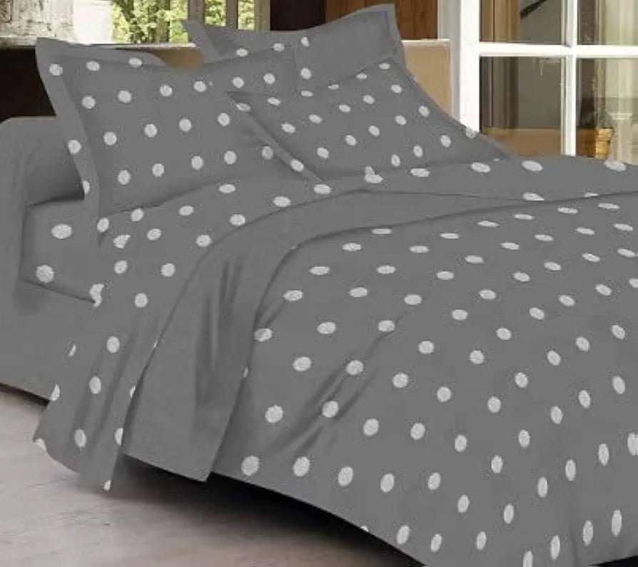 Trance Home Linen Zippered 100% Cotton 300 TC Printed Blanket Cover/Duvet Cover/Quilt Cover Queen Size with 2 Pillow Cover Colour Grey White Circles