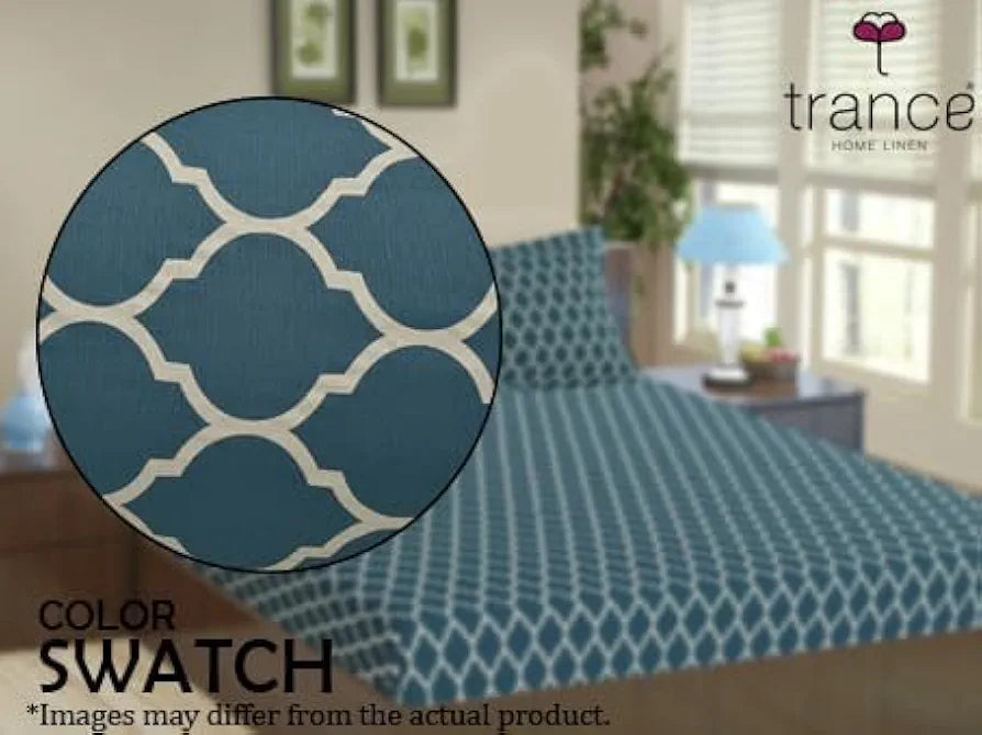 Trance Home Linen 200TC 100% Cotton Double Bed Size Elastic Fitted Bedsheet with 2 Pillow Covers Colour Dori Blue