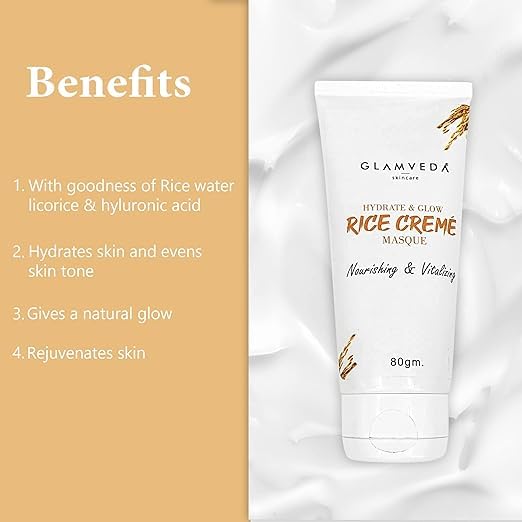 Glamveda Rice Creme Masque & Glow Cream Mask | Face Mask for Glowing Skin & Dull, Dry, Sensitive Skin | New-Age Ubtan Face Pack for All Skin Types | Men & Women | No Paraben, SLS | 80gm Pack of 1