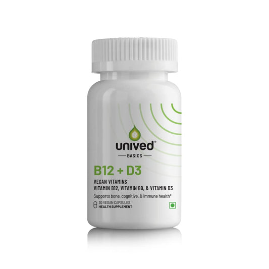 Unived Basics B12+D3 | Vitamin B12 as Methylcobalamin (98%), 300mcg Methyltetrahydrofolate (5-MTHF), 600 I.U. Vitamin D3 (Cholecalciferol) | Bone, Cognitive & Cardiovascular Support|30 Vegan Capsules