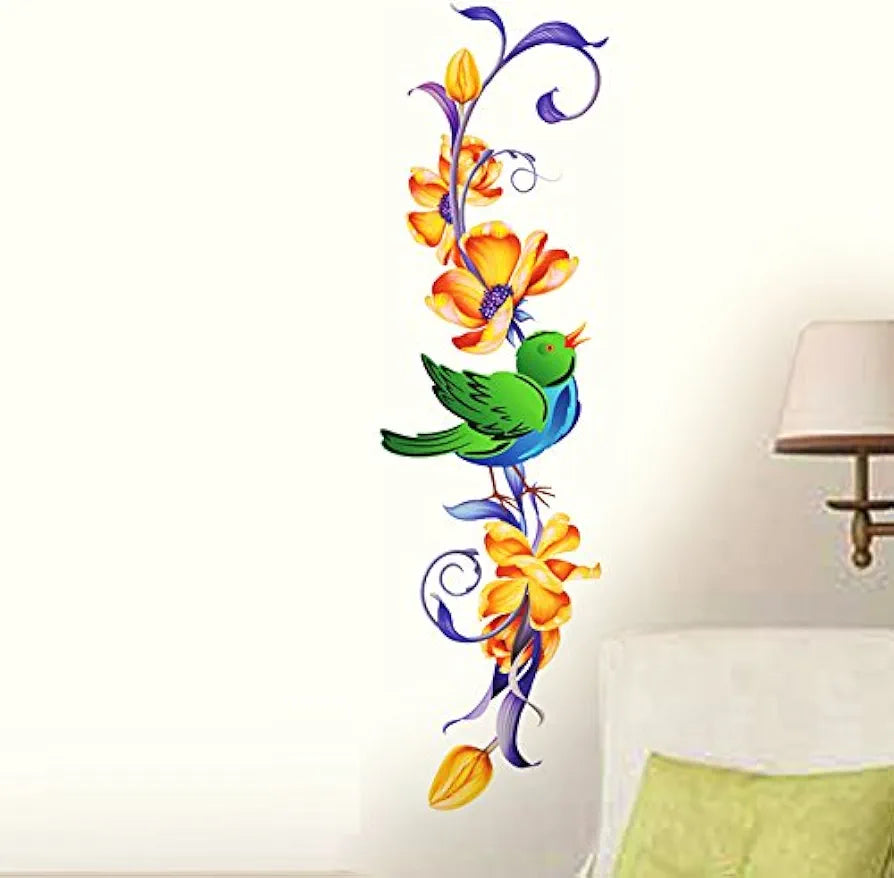 Decals Design Vertical Floral and Bird Wall Sticker ,Multicolour