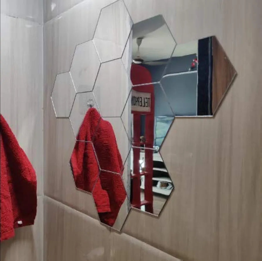 Bikri Kendra 22 Hexagon With 20 Butterfly Silver Mirror Wall Stickers, Acrylic Hexagonal Decor for Walls