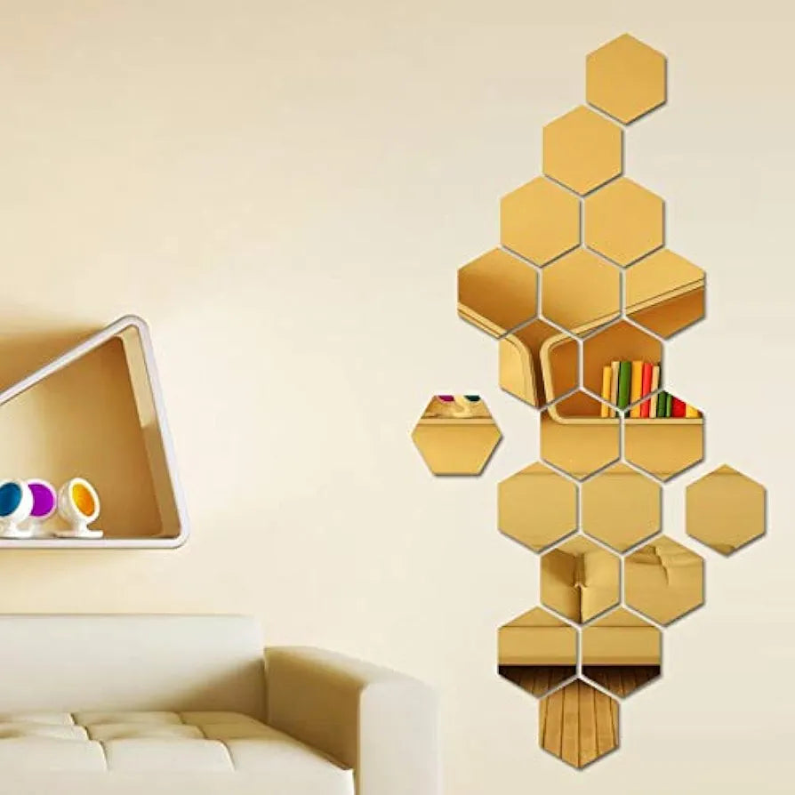 Bikri Kendra Glass Hexagon 30 Golden Mirror Stickers for Wall Decor Acrylic Mirror Acrylic