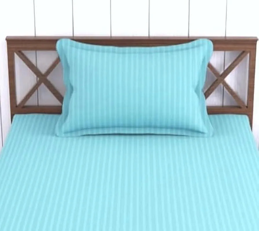 Trance Home Linen 100% Cotton 78x36 inch Single Fitted 200TC Satin Stripe Elastic Fitted Bedsheet with 1 Pillow Covers Colour Sea Blue