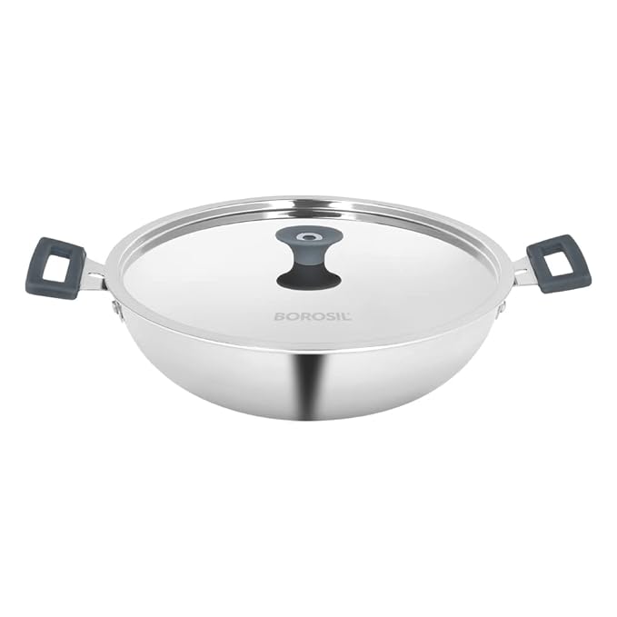 Borosil Cookfresh Tri-ply Stainless Steel Kadhai With Lid | Induction Friendly | 1.5 Litres | 20 Cm