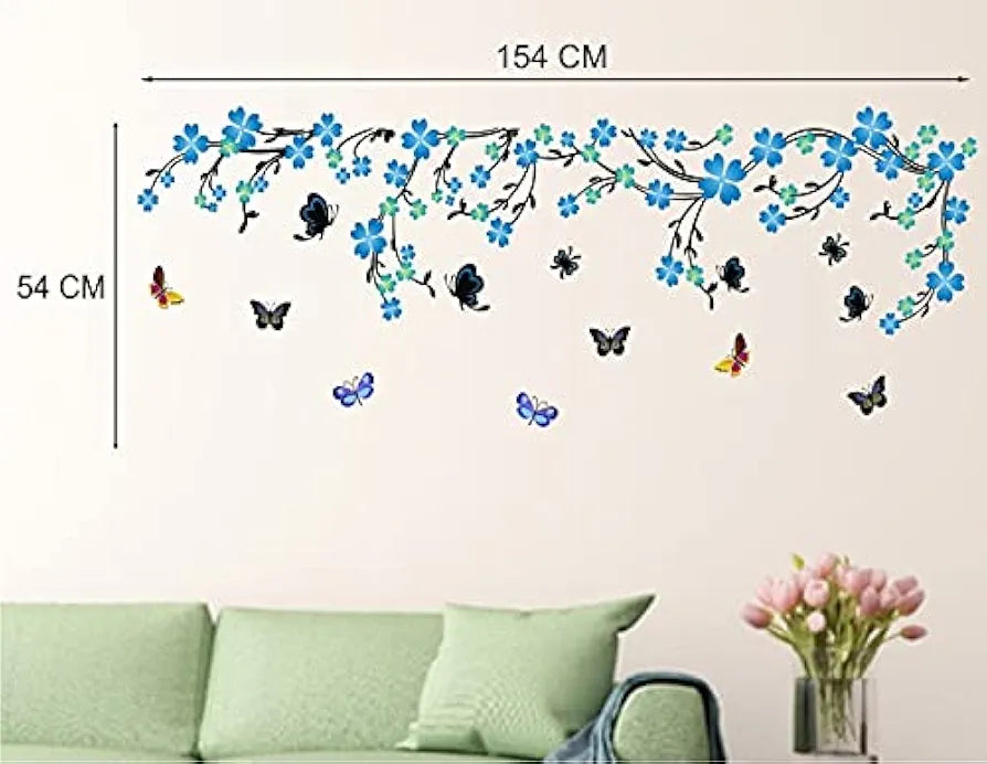 Heaven Decors Nature Blue Flower with Vine and Butterfly Sticker Wall Multicolour