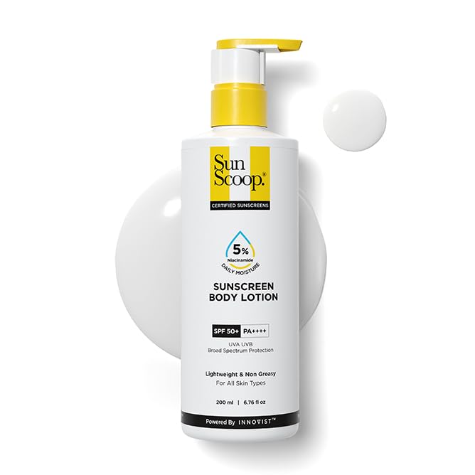 SunScoop 5% Niacinamide Daily Moisture Sunscreen Body Lotion SPF 50+ PA++++ Broad Spectrum| In-Vivo Tested| 24-Hours Moisturization| Non-Greasy| No White Cast| Reduces Tan| Smoothens Skin (200ml)