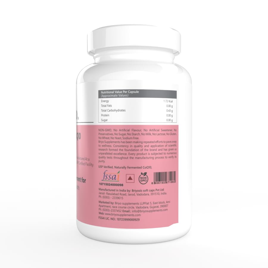 Briyo CoQ10 100 mg coenzyme Q10 Ubiquinone - Naturally Fermented, USP Grade, Superior Absorption Antioxidant for Heart Health and Energy Boost - 60 Capsules