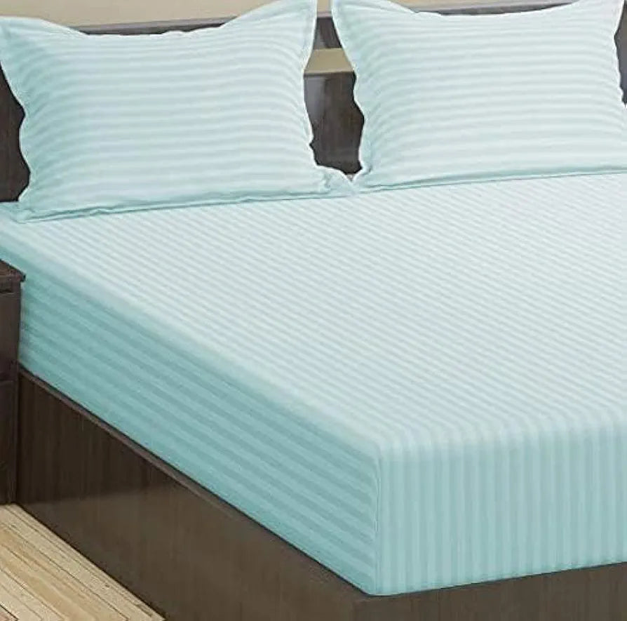 Trance Home Linen 100% Cotton 78x60 inch Queen Fitted 200TC Satin Stripe Elastic Fitted Bedsheet with 2 Pillow Covers Colour Sea Blue