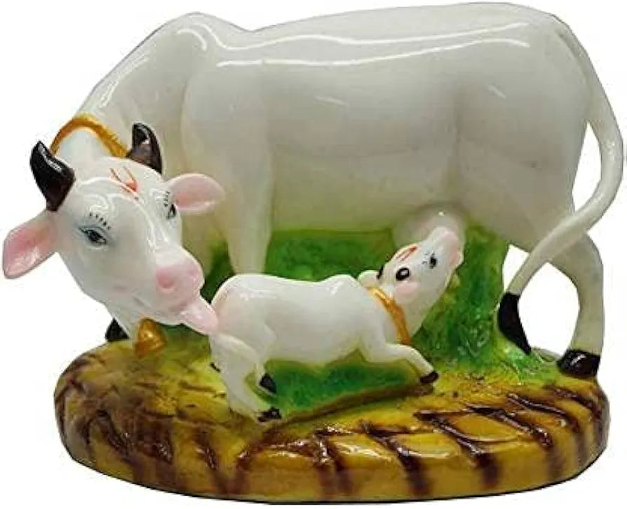 Nrson Decorative Marble Dust Polyresin Cow and Calf Showpiece and Figurines - 5 X 3 X 3 Inch White Cow