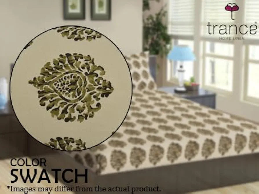 Trance Home Linen 200TC 100% Cotton 78"x36" Single Size Elastic Fitted Bedsheet Printed with 1 Pillow Cover Colour Damask Forest Green