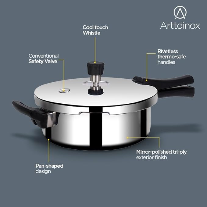 Arttdinox Stellar Stainless Steel Triply Mirror Finish Pressure Cooker With Gasket | Rivetless Handle | Induction & Gas Base | 3.5 Liters