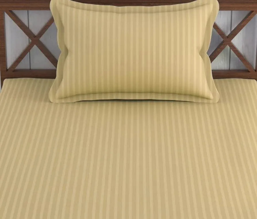 Trance Home Linen Cotton 78X36 Inch Single Fitted 200TC Satin Stripe Elastic Fitted Bedsheet With 1 Pillow Covers Colour Beige