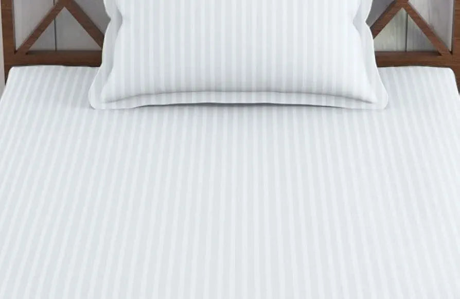 Trance Home Linen 100% Cotton 400 TC Satin Striped Elasticated Fitted Bedsheet with 2 Pillow Covers King 78x72 inch Colour White Striped