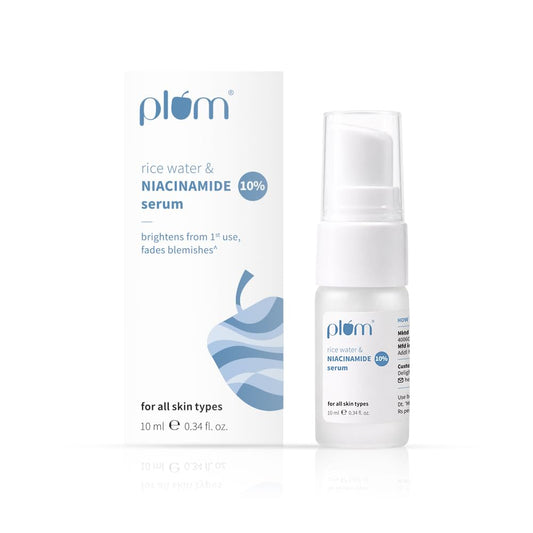 Plum 10% Niacinamide Serum with Rice Water | Provides Clear, Glowing & Brightening Skin | for Acne Prone, Combination, Oily & Sensitive Skin | Oil Control & Anti Acne Face Serum for Women & Men | 10ml