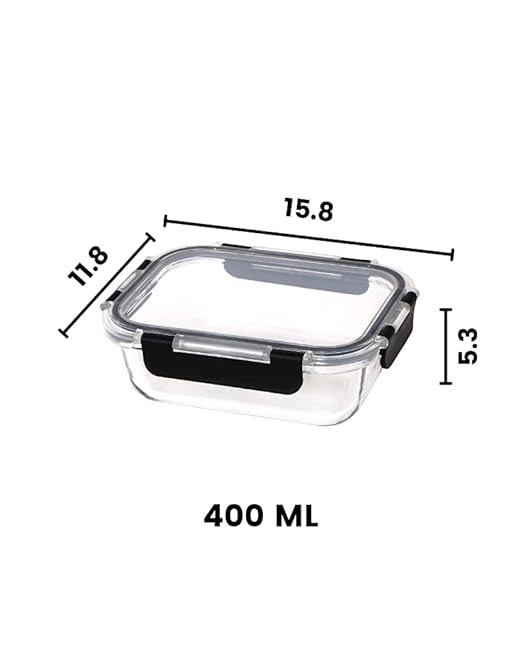 Femora Borosilicate Rectangle Glass Container With Dectahable & Break Free Lid | Black Color | 400 Ml | Set of 3