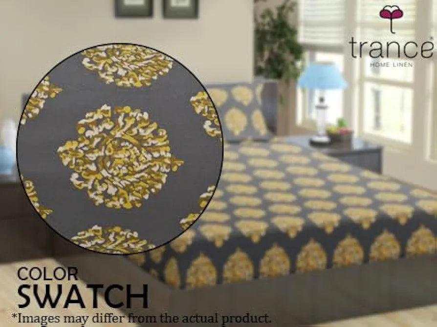 Trance Home Linen 200TC 100% Cotton 78"x36" Single Size Elastic Fitted Bedsheet Printed with 1 Pillow Cover Colour Damask Warm Grey Mustard