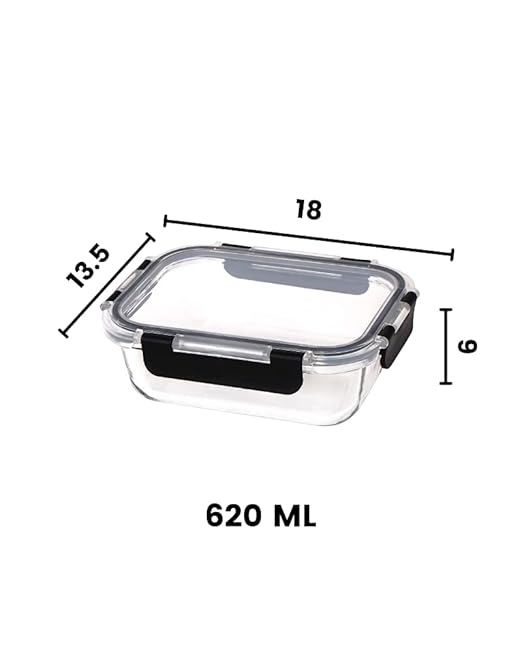Femora Borosilicate Rectangle Glass Container With Dectahable & Break Free Lid | Black Color | 620 Ml | Set of 3