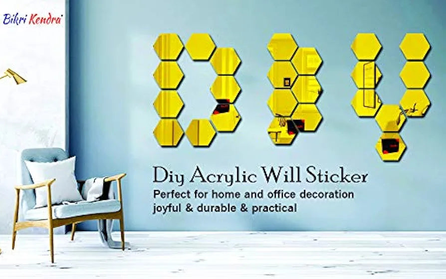 Bikri Kendra Hexagon 35 Golden with 20 Butterfly Silver Stickers for Wall Mirror Decor Sticker Wall Mirror Stickers Acrylic